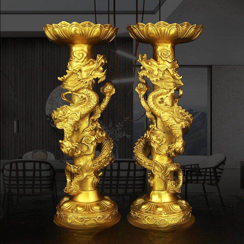 铜烛台饰品黄铜双龙烛台大型家用佛像中国覆古莲花蜡烛台