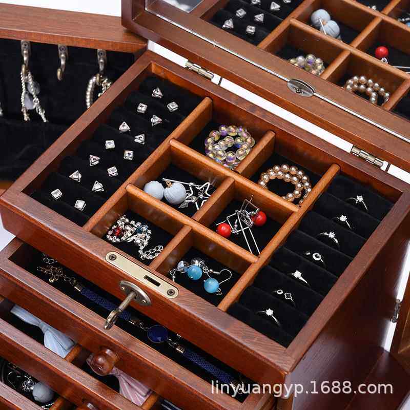 带锁首饰收纳盒女复古木质首饰包装盒现货中式多层首饰包装木盒
