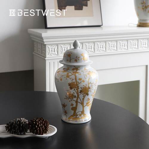 Best west 中式描金色海棠陶瓷花瓶台灯家居轻奢储藏罐装饰品套装