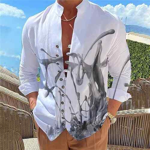 Men's Pure White Button-Up Long-Sleeve Shirt Coconut Tree
