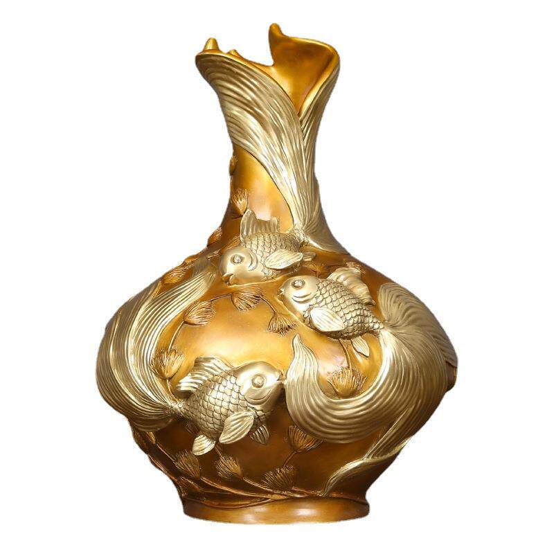 黄铜年年有余花瓶摆件工艺品客厅办公室家居电视柜装饰花瓶摆设