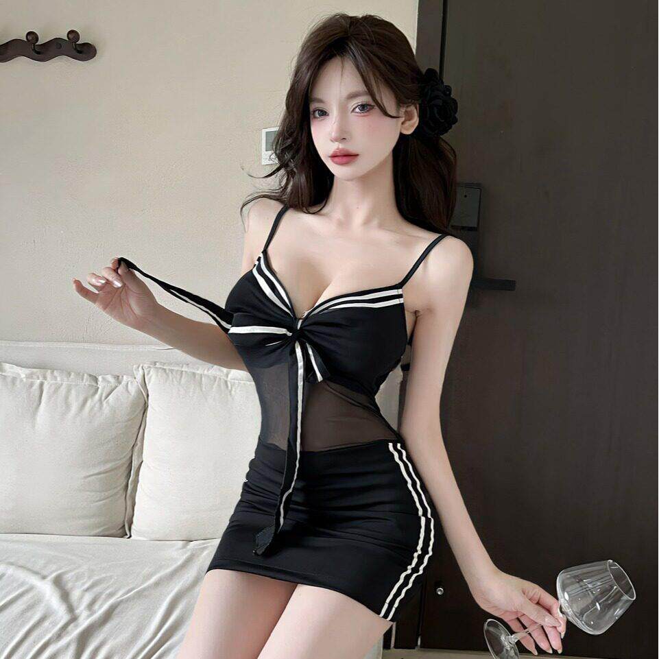 夜场女装上班技师工作服店性感领条纹网纱拼接包臀吊带连衣裙子