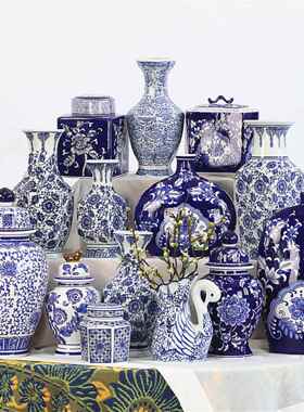 中国古色古香青花瓷通用罐瓶摆件家居客厅书房门厅古架摆件