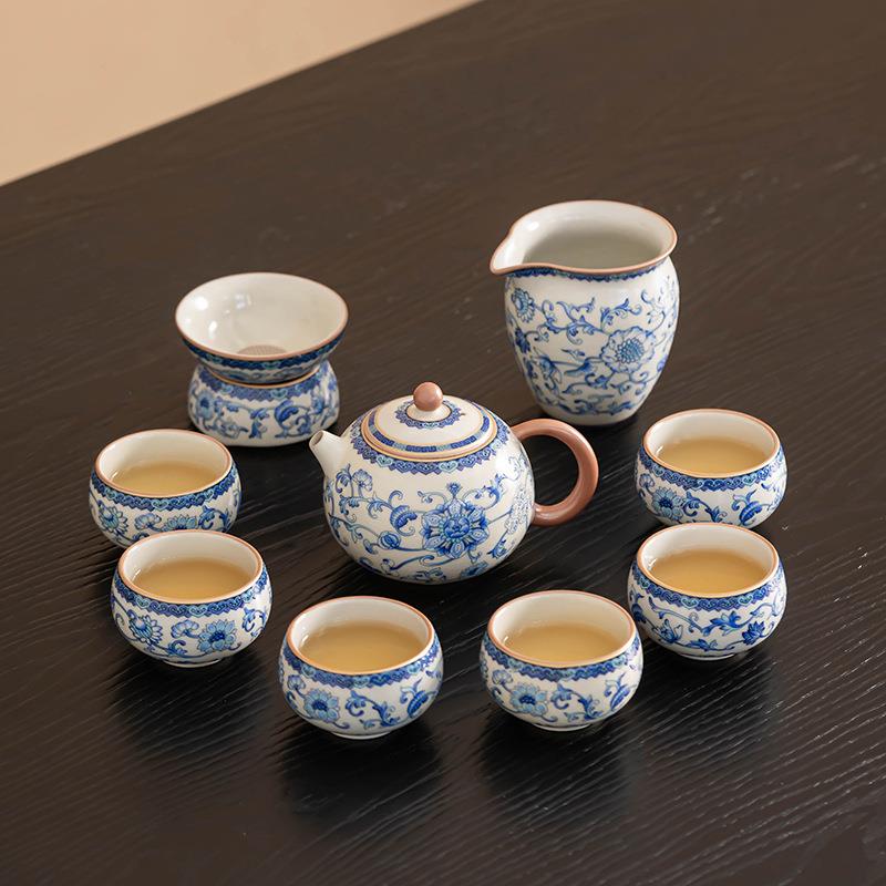 汝窑套组西施壶缠枝莲家用装陶瓷茶器一壶6杯10头开片套组带过滤