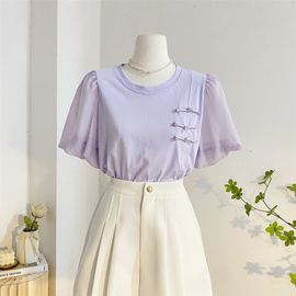 紫色新中式盘扣短袖T恤女夏季设计感雪纺拼接圆领泡泡袖纯棉上衣