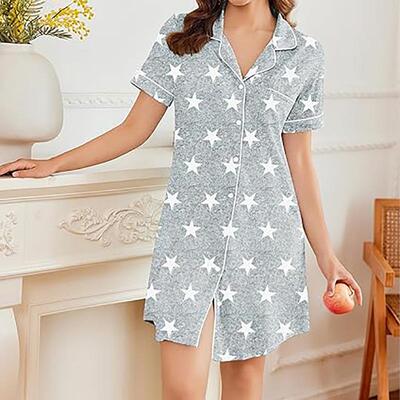 Collared Button Closure Fitted PJ Dress Casual Comfy Sleeve