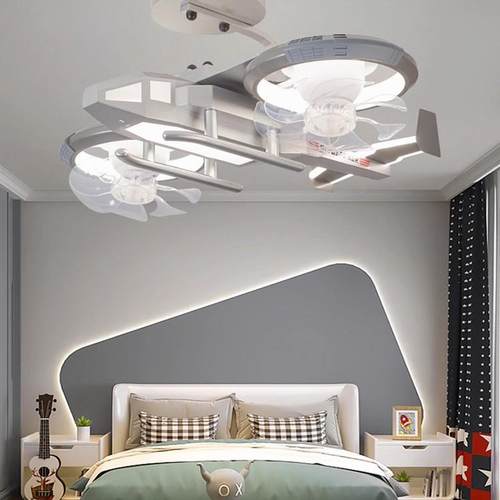 儿童房飞机风扇灯男孩护眼智能语音吊灯造型灯摇头风扇卧室吸顶灯