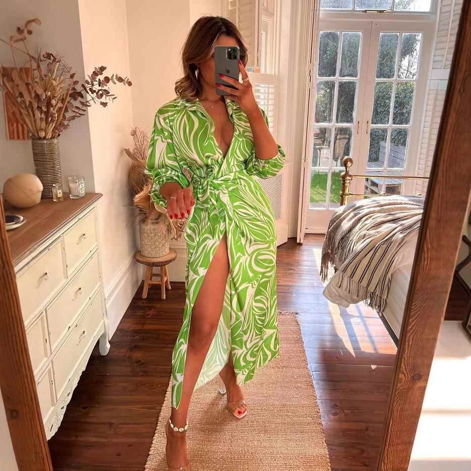 Fashion Lantern Sleeve Lace-Up Slit Wrap Dress