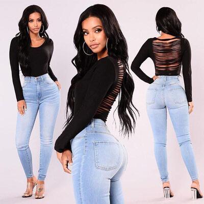 Autumn slim pencil jeans with wrapped buttocks, blue plus