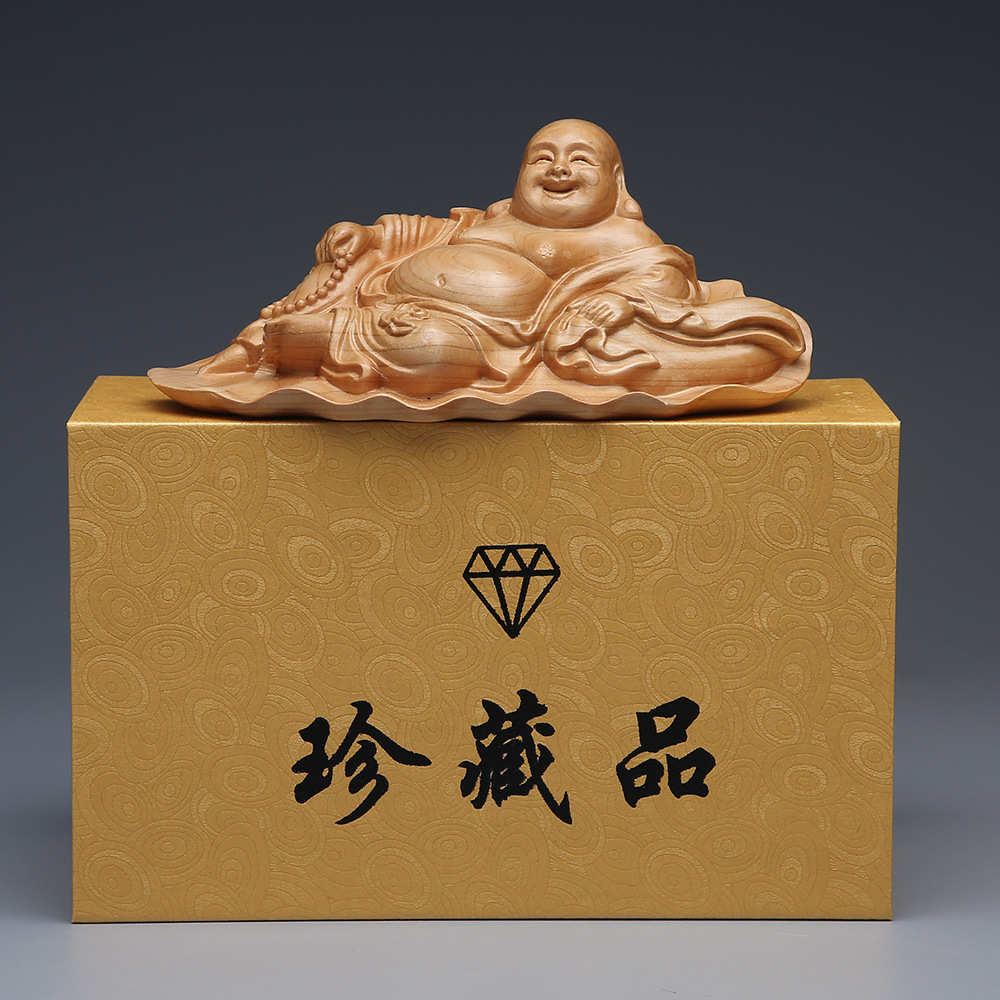 崖柏荷叶弥勒木雕手工摆件 木质工艺品汽车车内摆件礼品
