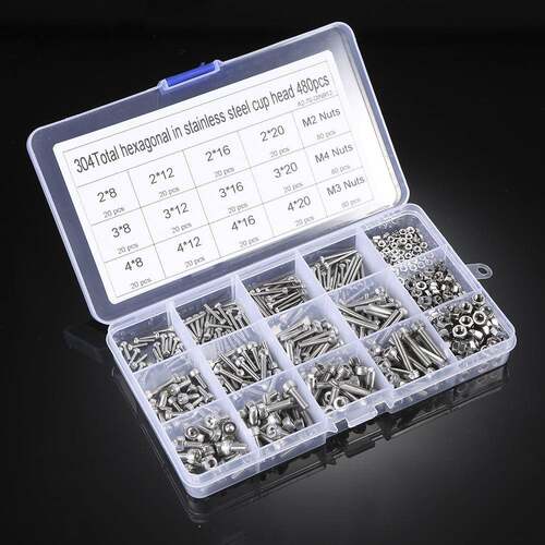 480pcs M2/M3/M4 DIN912 304不锈钢圆柱头内六角螺丝配螺母套件