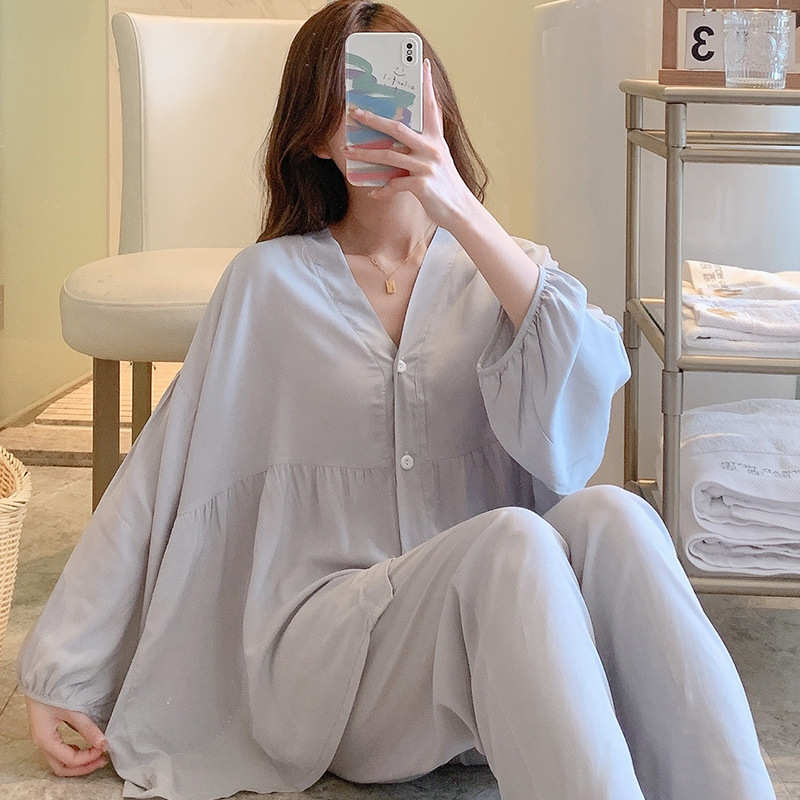 长袖棉绸睡衣女春夏季薄款套装纯色舒适透气月子服可外穿家居服夏
