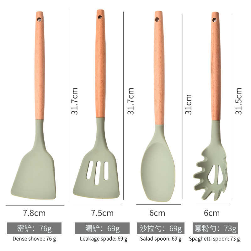 硅胶木柄厨具12件套装不粘锅烹饪粉抓漏铲汤勺密更刮刀打蛋器