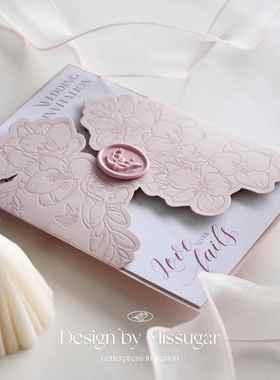 法式定制邀请函letterpress凸版请帖活版印刷婚礼喜帖韩系粉色