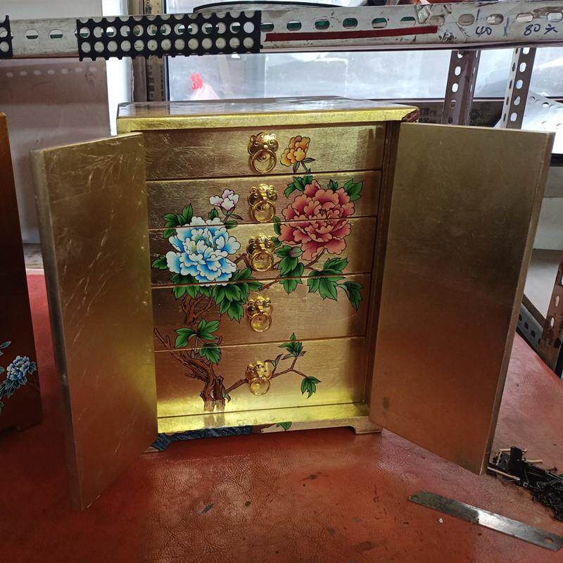 贴金箔手工彩绘漆器2门柜抽屉小柜子 创意新中式珠宝首饰收纳盒子