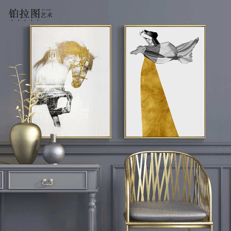 流金年岁 简约美式轻奢装饰画现代客厅挂画金色创意马画人物背影图片