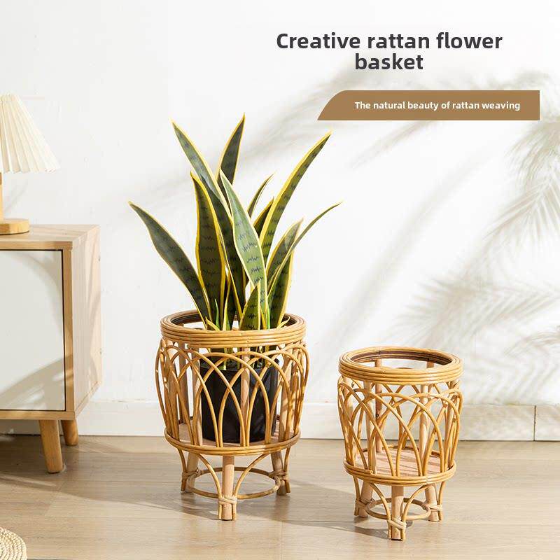 新北欧藤落地式花架花盆塑料藤编织花篮绿色植物集盆家庭客厅阳台