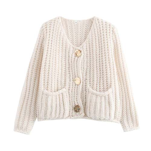 Women Cropped Cardigan Sweater Sleeves Button Chunky Knitted