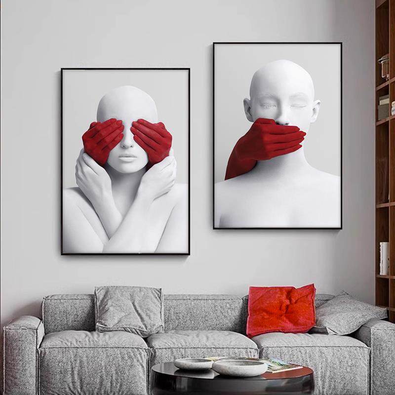 高级感个性创意人物装饰画发廊酒店壁画白色极简抽象小众艺术挂画