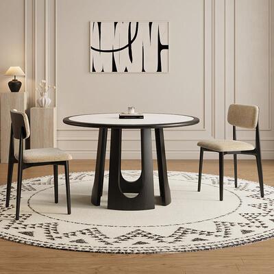 德利丰FAS实木内嵌岩板餐桌圆形中古风黑色家用户小户型餐厅圆桌