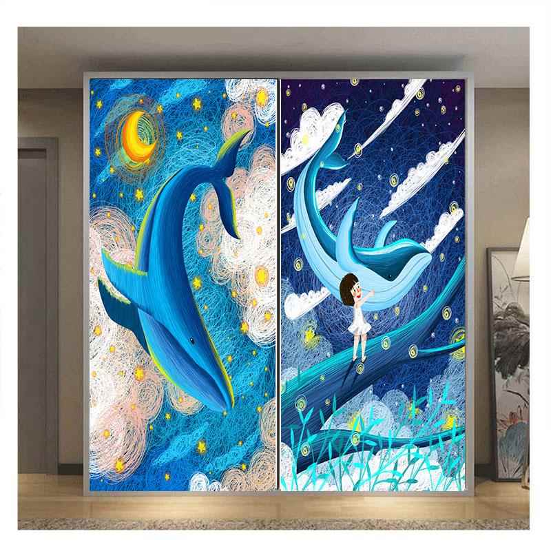 卡通海豚简笔画衣柜门贴纸定做推拉移门玻璃膜家用家具翻新纸自粘