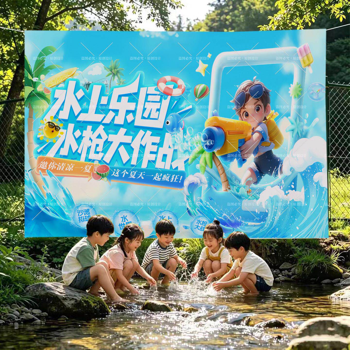 水上乐园炎炎夏日水枪大战挂布背景布户外游玩氛围装饰布来图定制
