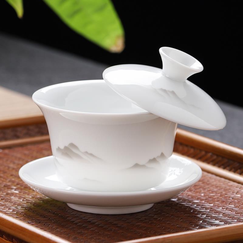 羊脂玉旋转悬停三才盖碗茶杯德化白瓷性价比泡茶碗大容量功夫茶具