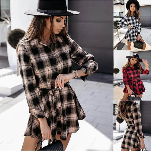Vintage Plaid Shirt Collar Button Mini Dress with Self-Belt