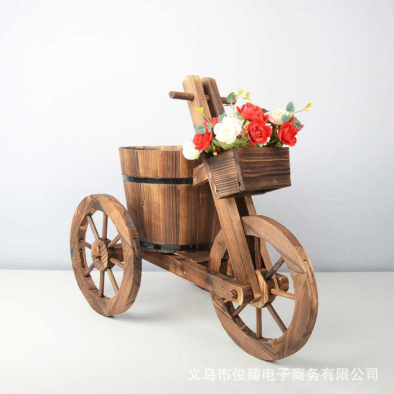 复古三轮车碳化防腐木花盆多肉植物欧式田园日式杂货店装饰盆栽