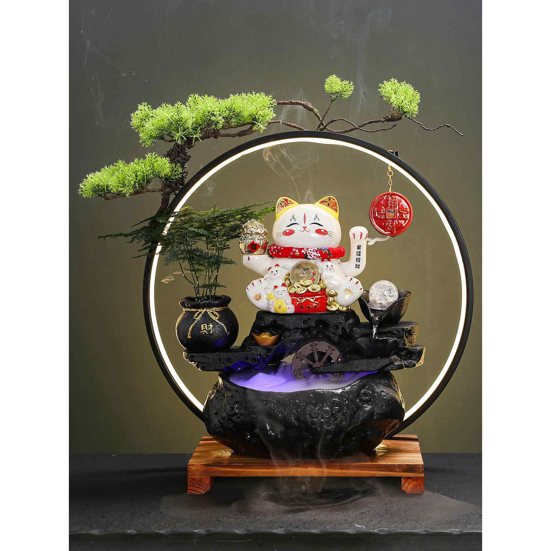 陶瓷创意中式招财猫流水摆件 家居客厅办公室桌面水循环装饰礼品