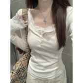 春季 蕾丝t恤韩系减龄领蕾拼接恤女卡腰褶皱钮扣长袖 初春纯欲0205k