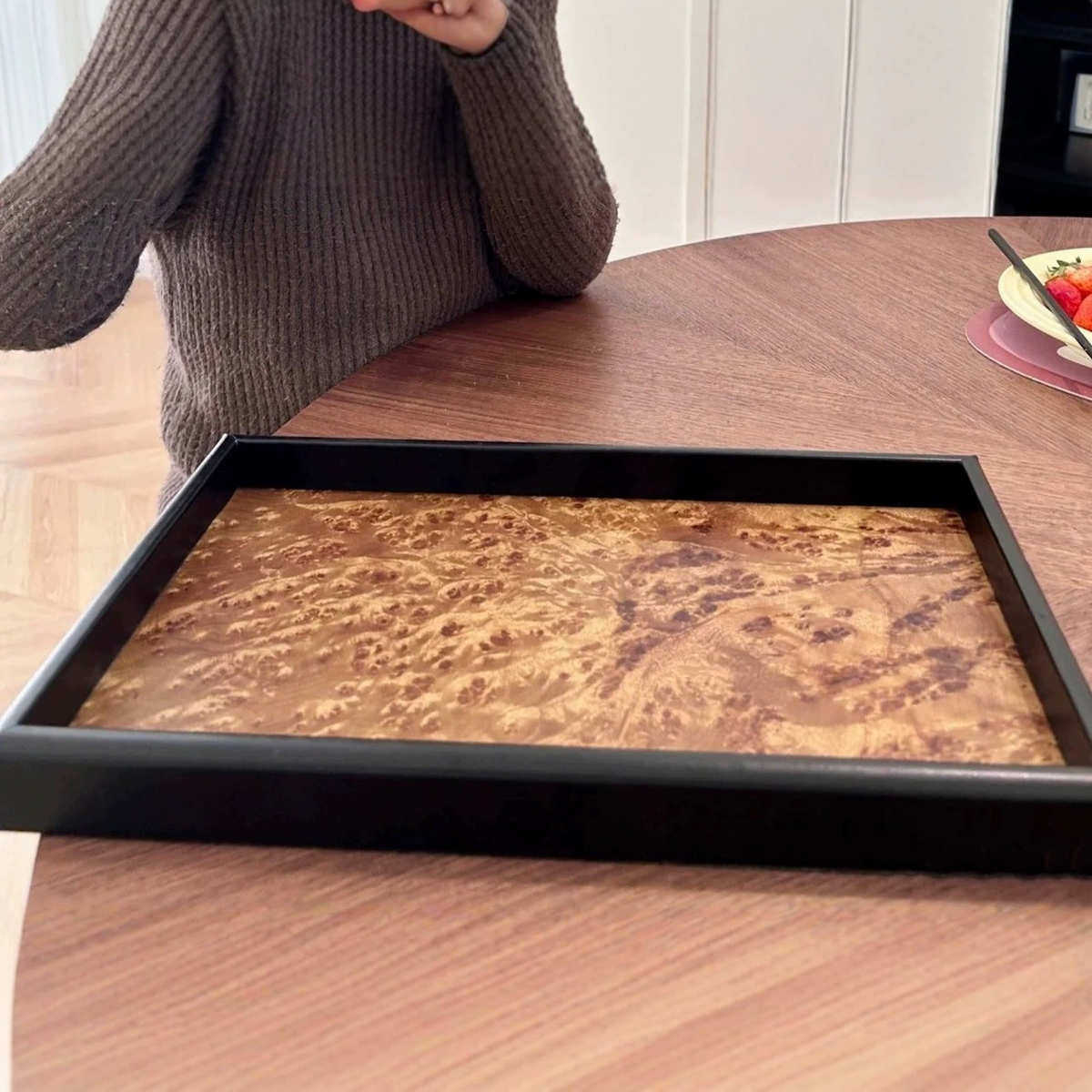 现代简约高端天然果木皮圆形托盘客厅卧室样板间首饰盘家居收纳盘