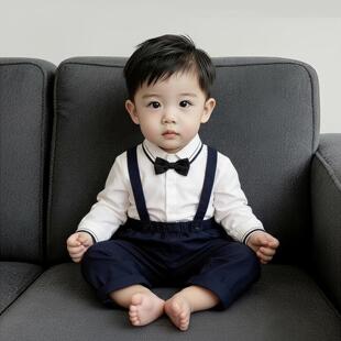 男宝宝一周宴礼服夏季帅气小男童背带裤套装婴幼儿百天宴抓周衣服