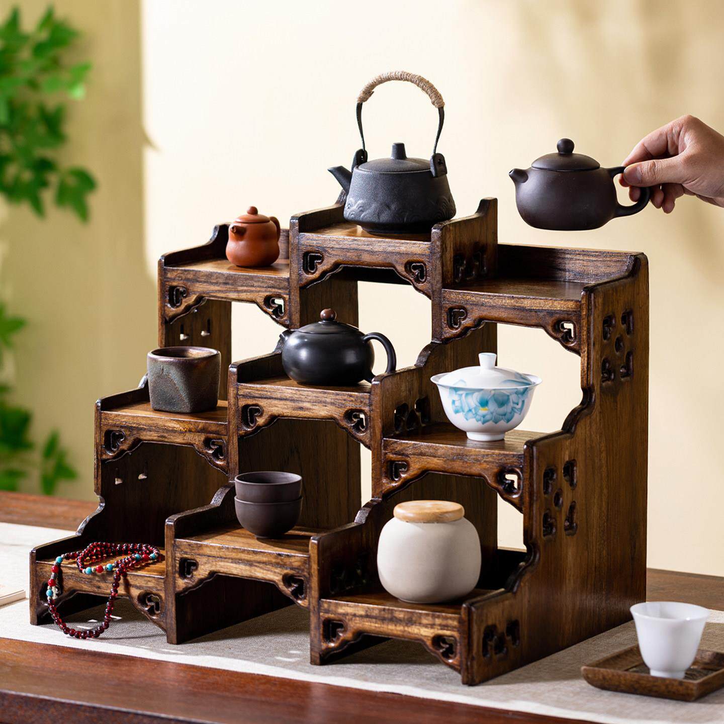 覆古实木博古架桌面收纳架茶杯茶壶展示架紫砂壶摆放架茶具置物架