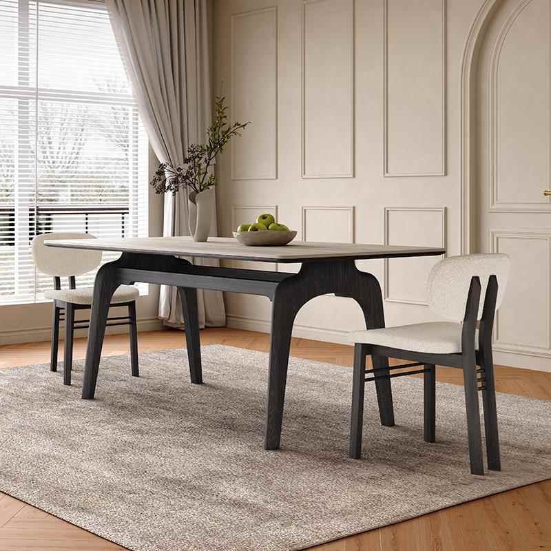 洞石岩板餐桌法式复古风长方形家用现代简约新款黑色实木岩板餐桌