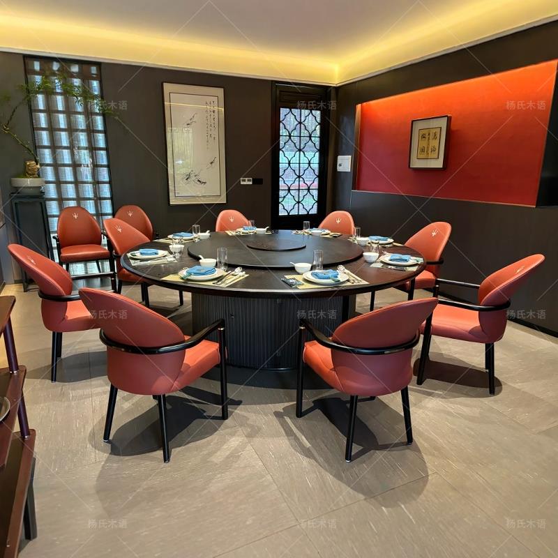 需定制新中式电动餐桌大圆桌带岩板转盘酒店饭店会所别墅包厢椅15