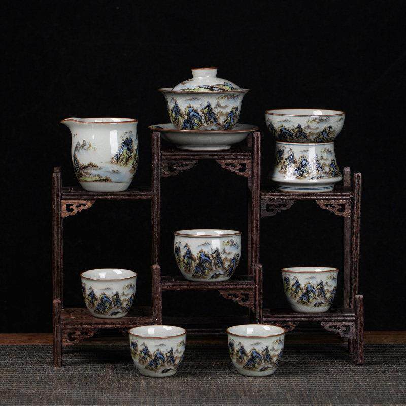景德镇粉彩千里江山功夫茶具套组家用泡茶器青花瓷陶瓷盖碗茶杯子