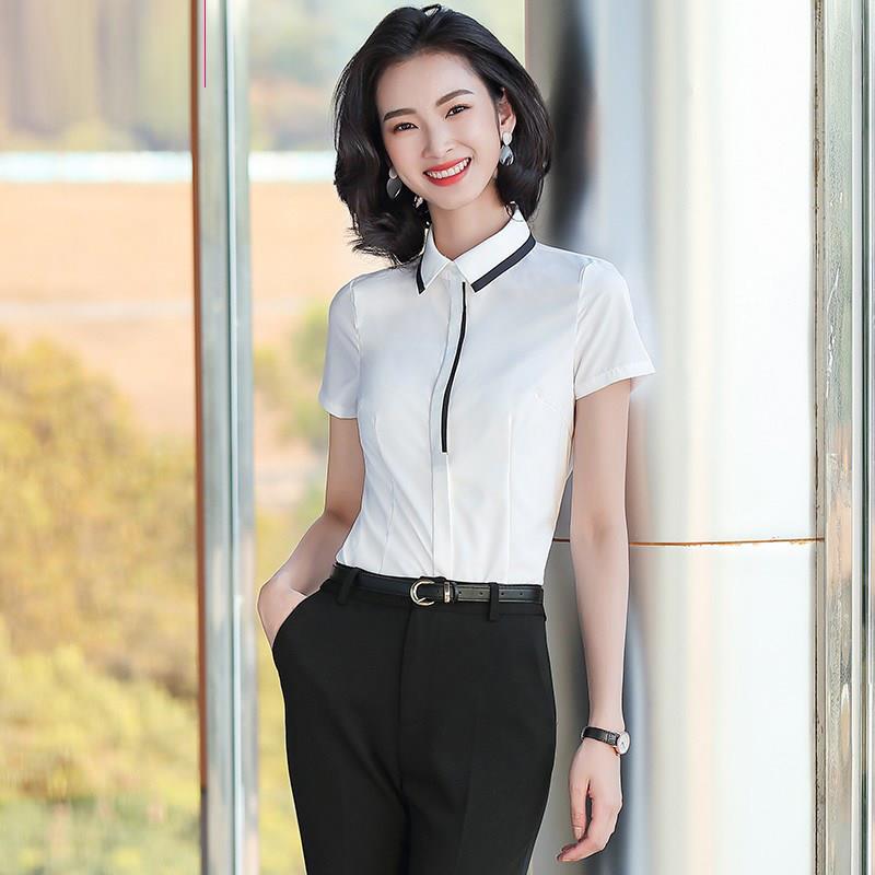 白色衬衫女夏季薄款上衣职业套装短袖寸衫工装正装修身衬衣工作服