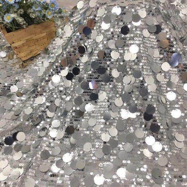 1yards 5+18mm Silver Shiny Beaded Fabric for DIY Sewing