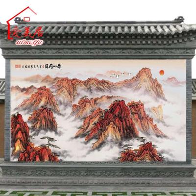 室外庭院山水风景瓷砖壁画客厅装饰农村迎门墙照壁墙砖迎客松背景