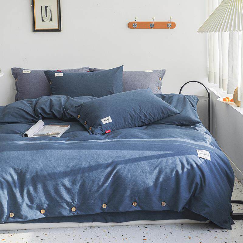 新款纯棉四件套60支色织彩棉纯色套件双人床单被套时尚纽扣四件套