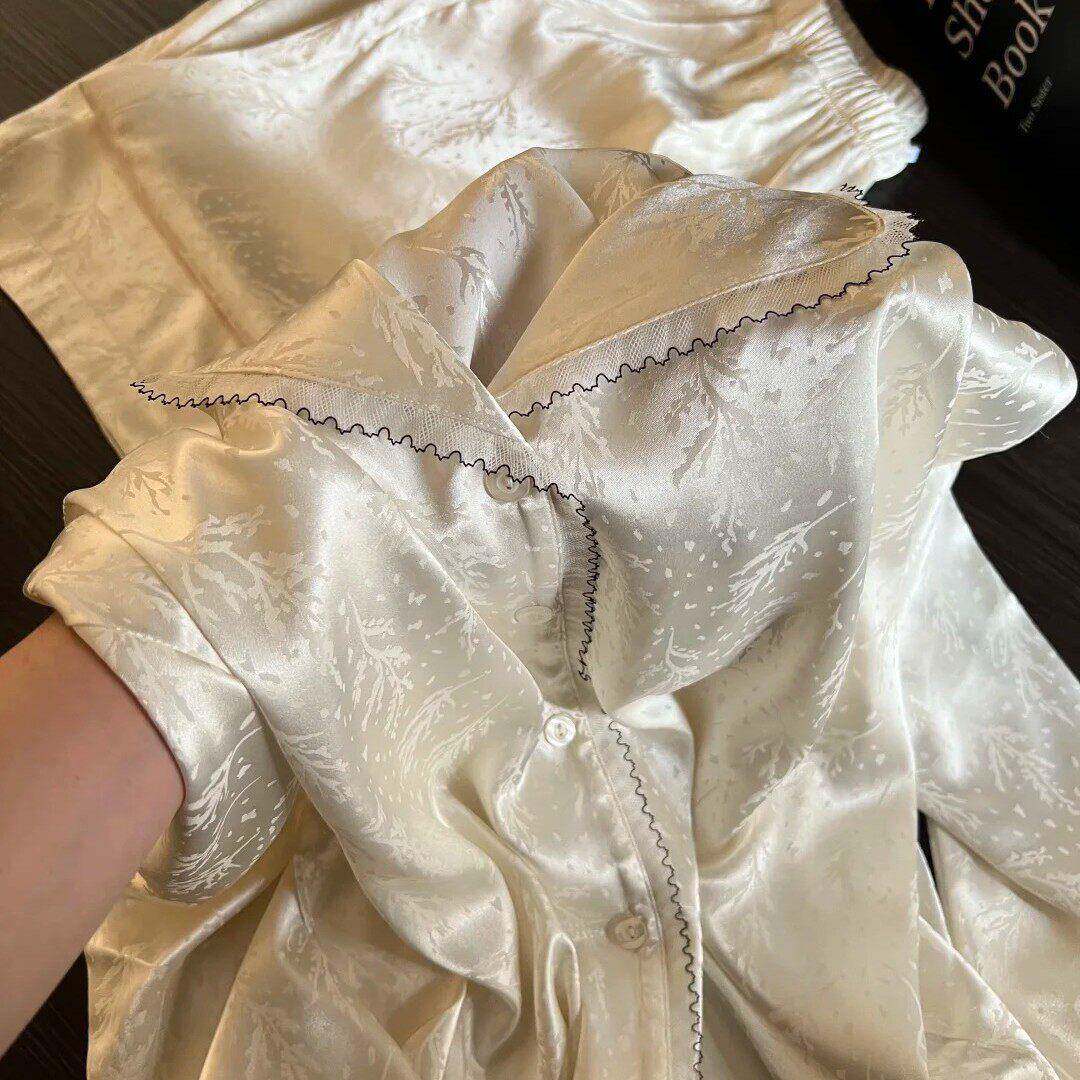 轻奢蕾丝花边真丝睡衣女高级感春秋薄款长袖长裤桑蚕丝家居服套装