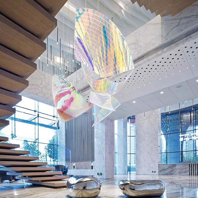 中山大型彩色飘带空中天花玻璃挂饰酒店大堂美陈商场中庭走廊吊饰