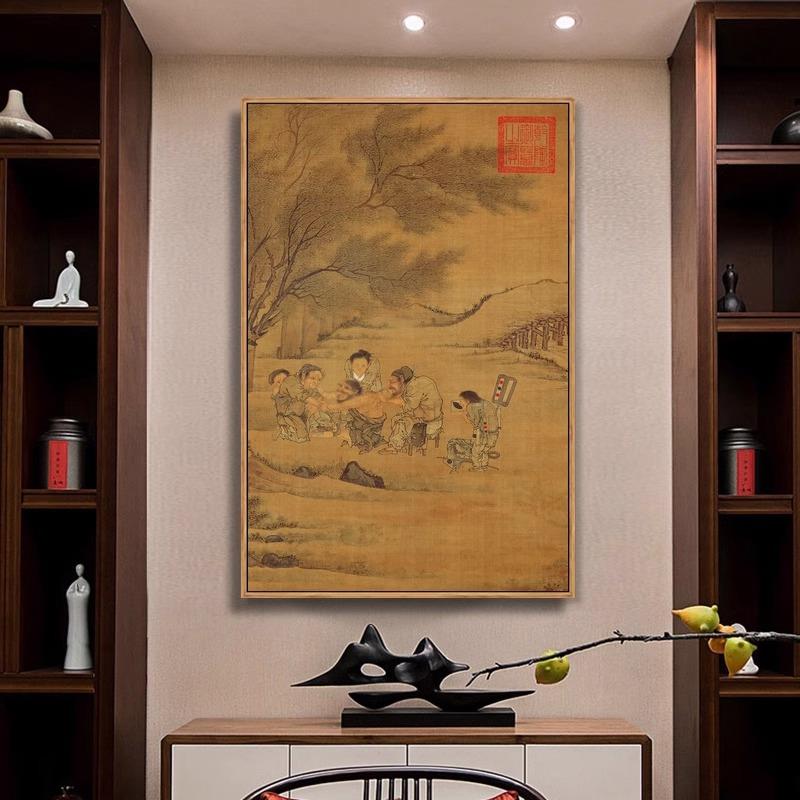 李唐炙艾图挂画 画中医养生馆装饰画 画新中式客厅玄关画 画针灸