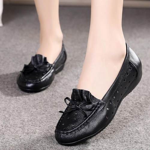 高档春秋牛筋0妈妈鞋5岁真皮底豆豆鞋舒适单鞋中软老年底女式皮鞋