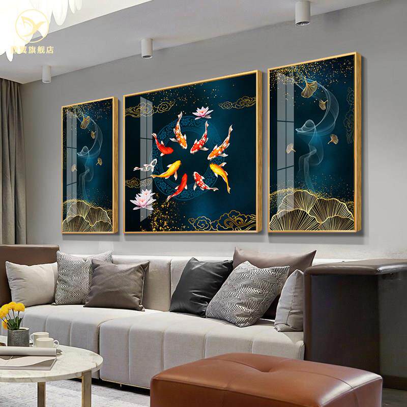 九鱼图客厅装饰画 画三联画 画晶瓷镶钻壁画 画沙发背景墙上挂画