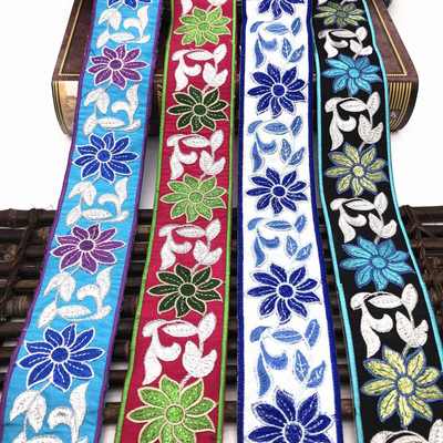 彩色提花织带 电脑绣花 背胶烫慰条码花边 银线民族风刺绣花边