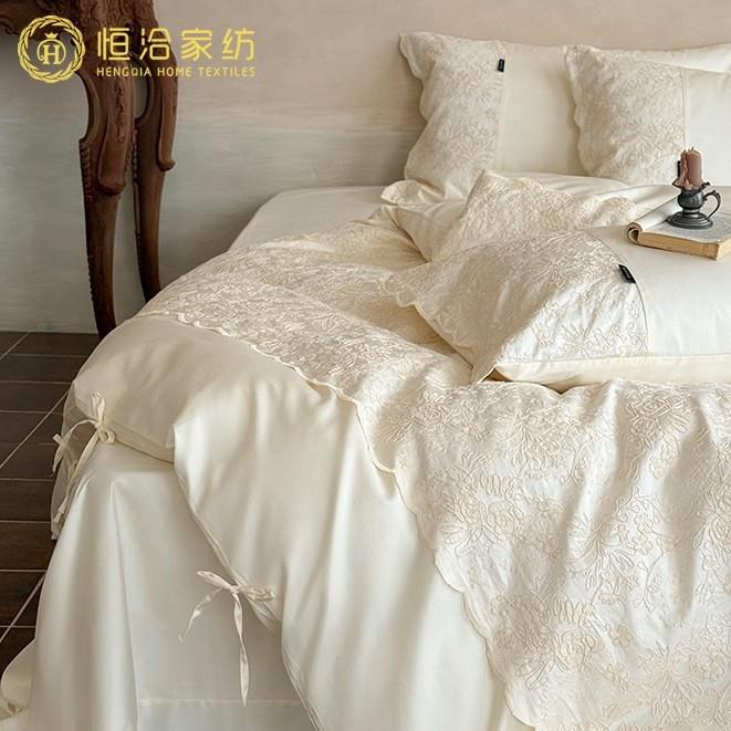 法式长绒棉超柔四件套复古刺绣少女纯棉绑带全棉被套床上用品白色