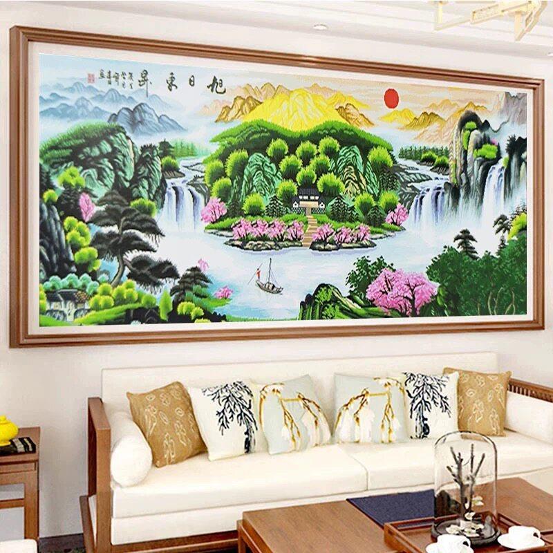 旭日东升十字绣成品纯手工绣好的流水生财聚宝盆满绣客厅山水挂画
