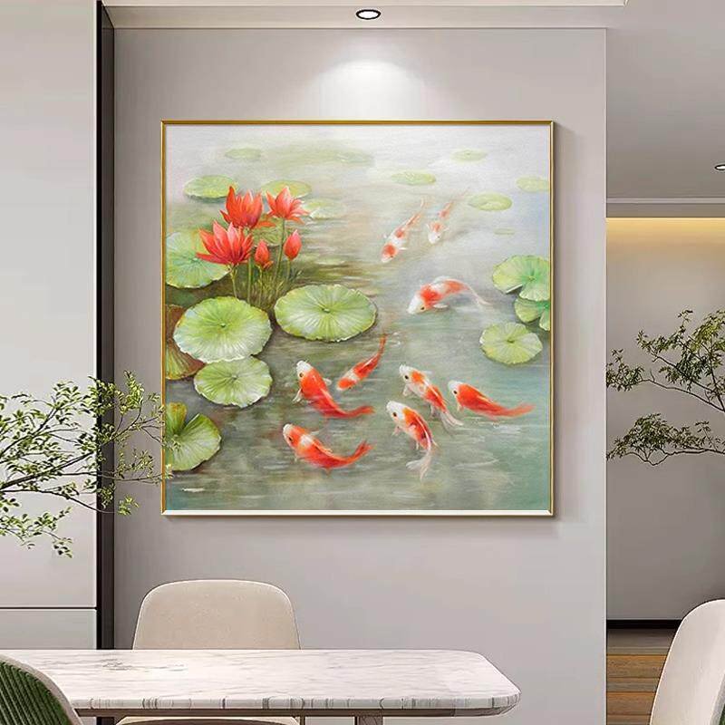 九鱼聚财图新中式饭厅装饰画寓意好荷花九鱼图画现代轻奢玄关挂画